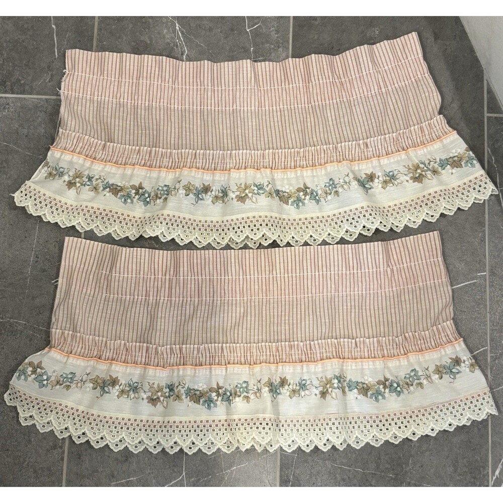 VTG 2 VALANCES Ruffled Stripes W Vines Flowers & Lace Trim Cottage Core 48 X 12